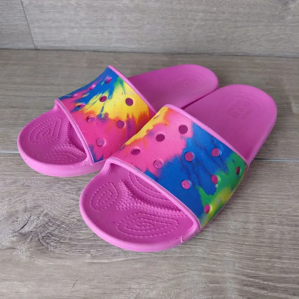 Crocs Classic Slides Sandals Pink Tie Dye W9 M7 Rainbow Beach Resort Vacation